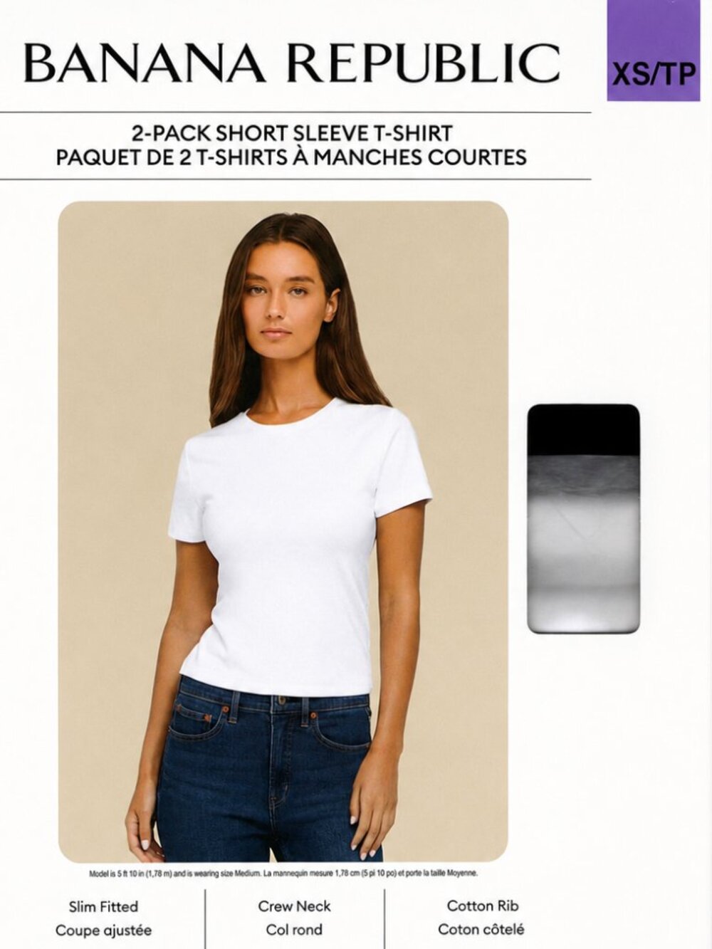 Banana Republic 2-Pack Slim Rib Crew Neck T-Shirts XS Black White NWT